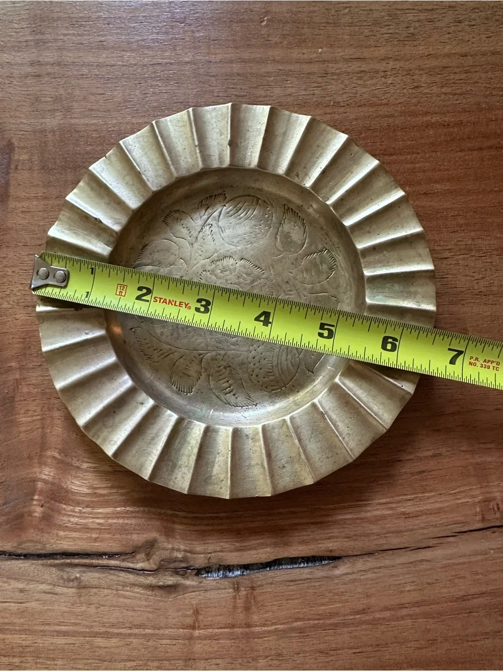 Vintage Sarna Brass Ashtray with Floral Etching and Scalloped Edge